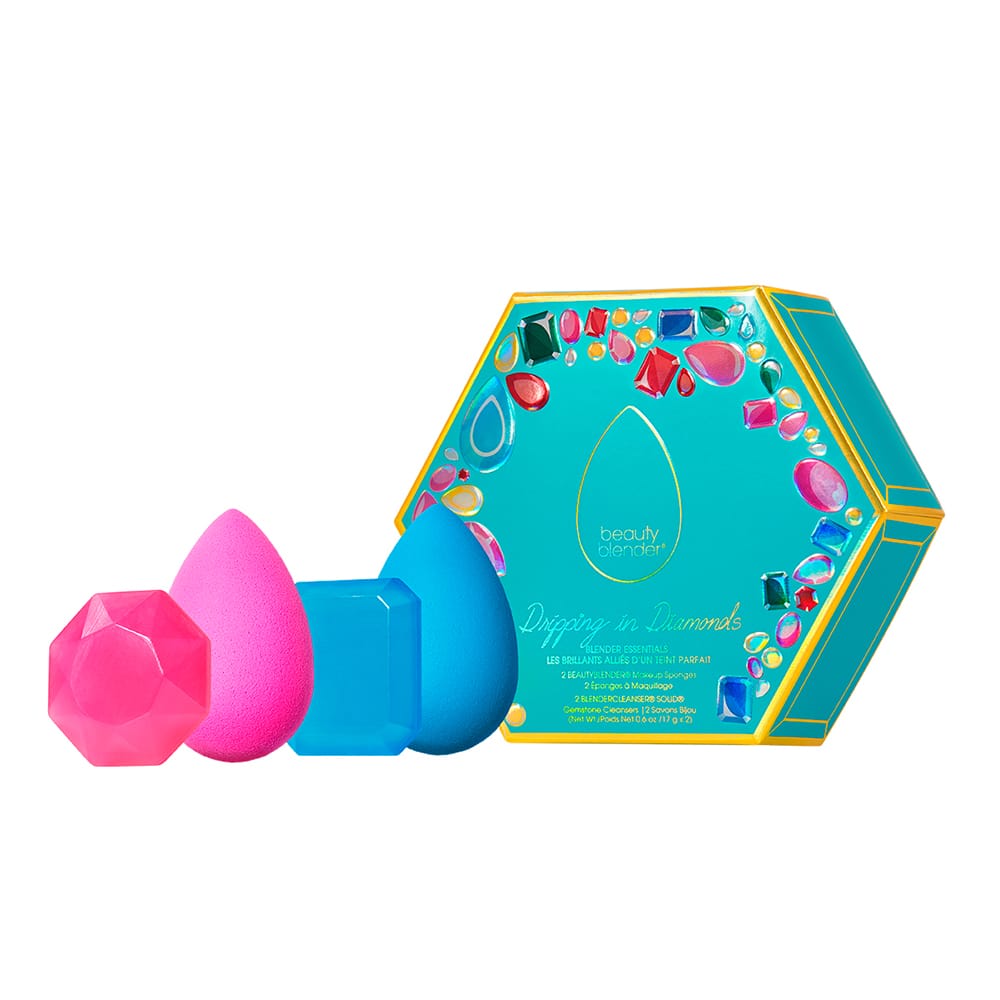 Подарочный набор Drippin in Diamonds (Спонжи для макияжа Beautyblender Original розовый, Topaz синий + 2 мини-мыла Blendercleanser в виде драгоценных камней)