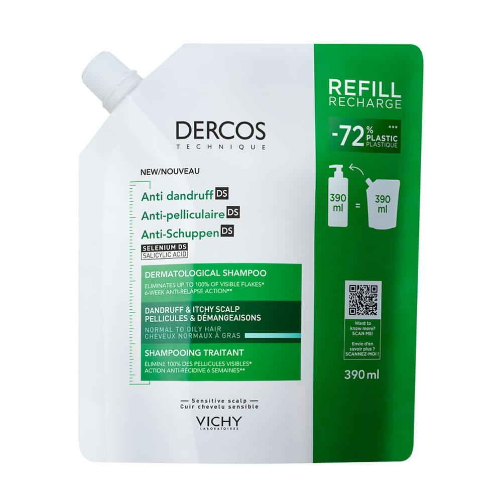 Vichy Dercos Technique Шампунь-уход для нормальных и жирных волос интенсивный «Против перхоти DS», 390 мл, Рефил