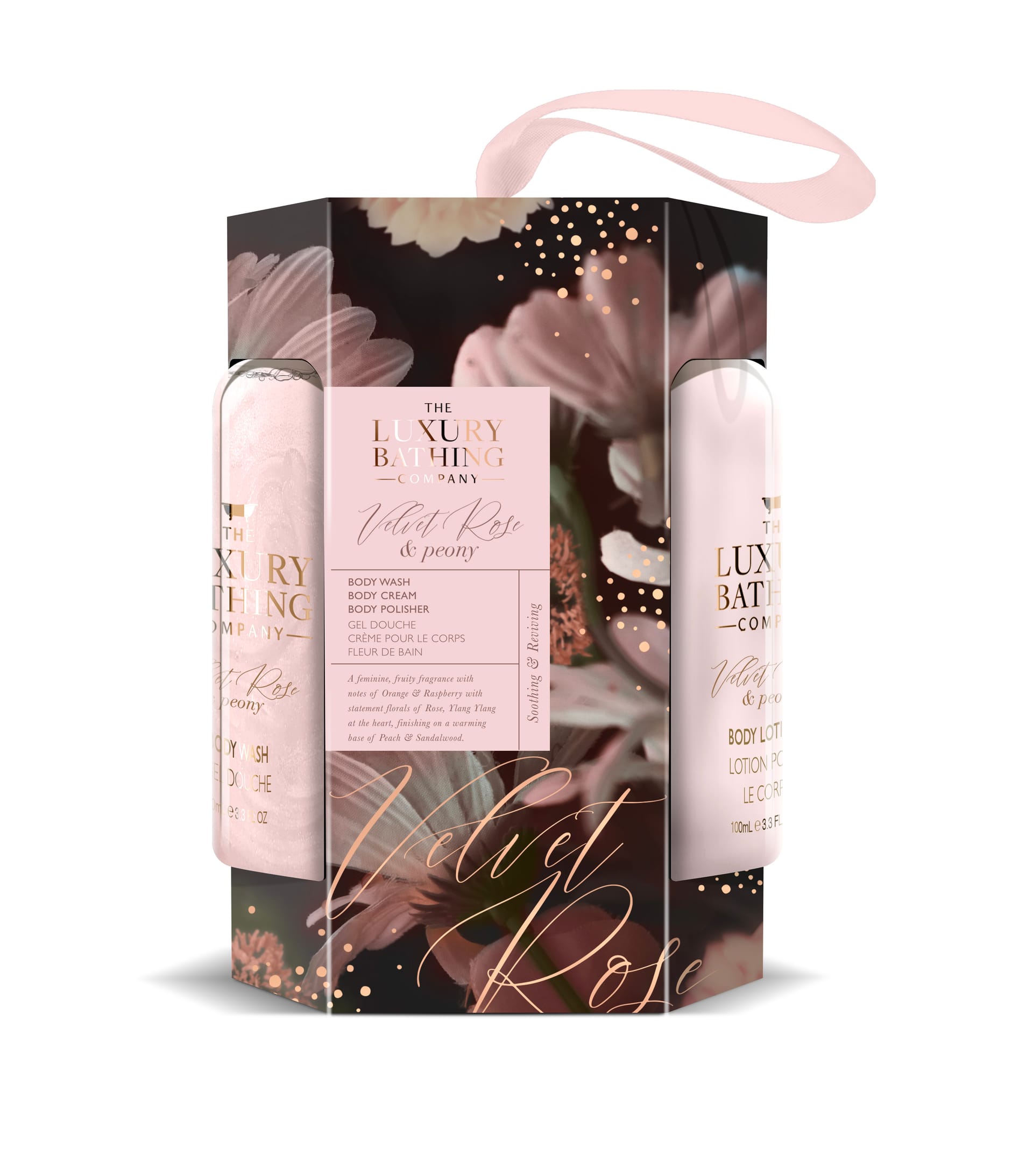 Косметический набор Velvet Rose & Peony (Гель для душа Body Wash, 100 мл + Лосьон для тела Body Lotion, 100 мл + Мочалка Body Polisher)