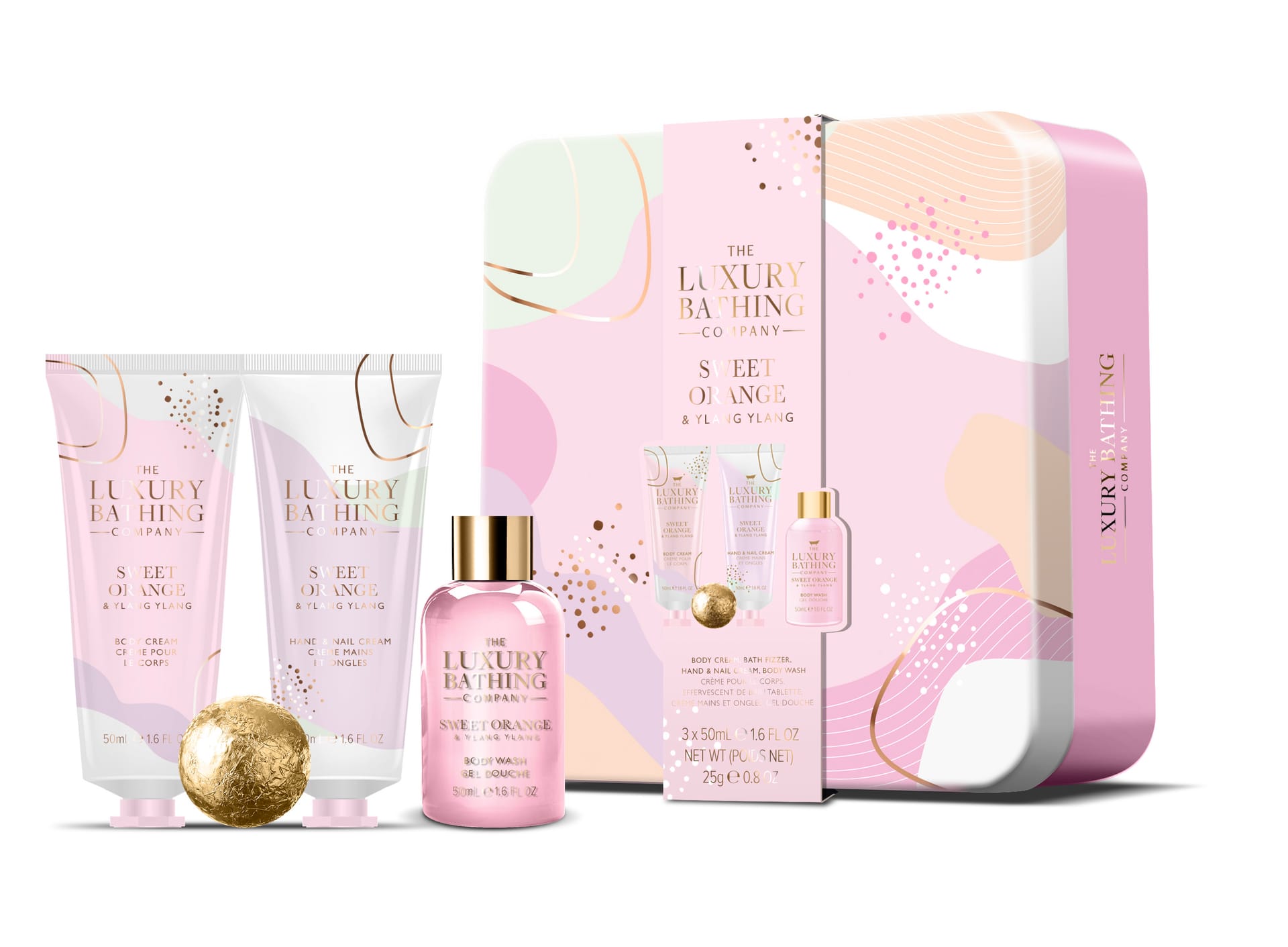 Косметический набор Sweet Orange & Ylang Ylang (Крем для рук и ногтей Hand & Nail Cream, 50 мл + Крем для тела Body Cream, 50 мл + Гель для душа Body Wash, 50 мл + Соль для ванны Bath Fizzer, 25 г)