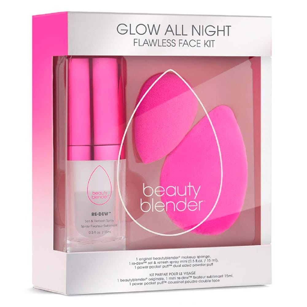 Набор Glow All Night (Спонж Beautyblender Original + Пуховка Power Pocket Puff +  Спрей RE-DEW Set & Refresh Spray)