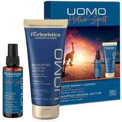 Набор тела Uomo Active Sport (Парфюмированный тонизирующий мужской лосьон-спрей для тела Tonico Spray Corpo,100 мл+Шампунь для душа мужской восстанавливающий с кофеином и витаминным комплексом Shower Shampoo, 200 мл)