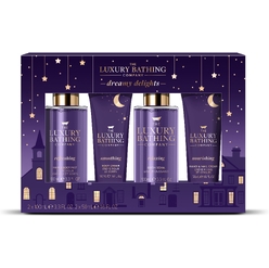 Косметический набор Dreamy Delight (Освежающий спрей для тела и волос Refreshing Hair & Body Mist, 100 мл + Крем для тела разглаживающий Smoothing Body Cream, 50 мл + Расслабляющая пена для ванны Relaxing Bath Soak, 100 мл + Питательный крем для рук