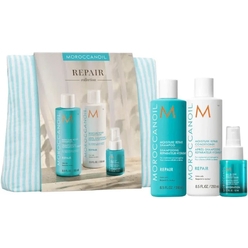 Moroccanoil Весенний набор в полосатой косметичке Repair (шампунь восстанавливающий 250 мл + кондиционер восстанавливающий 250 мл + несмываемый кондиционер 50 мл)