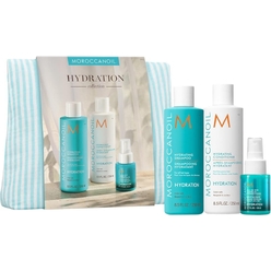 Moroccanoil Весенний набор в полосатой косметичке Hydration (шампунь увлажняющий 250 мл + кондиционер увлажняющий 250 мл + несмываемый кондиционер 50 мл)