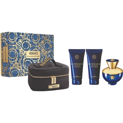 Набор парфюмерно-косметический Pour Femme Dylan Blue (Парфюмерная вода, 100 мл + Гель для ванны и душа, 100 мл + Лосьон для тела, 100 мл + Сумка для косметической продукции с маркировкой VERSACE Parfums)