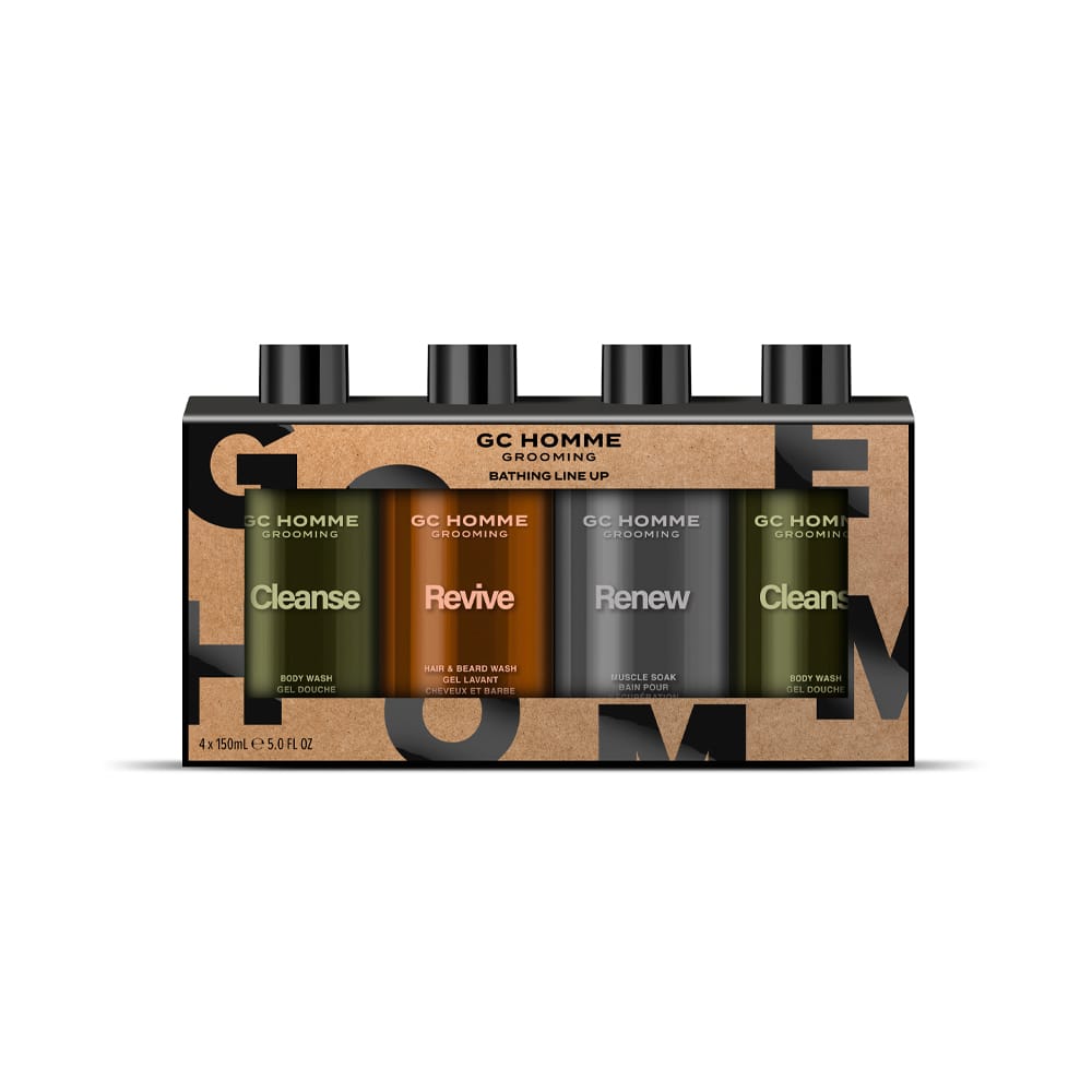 Косметический набор GC Homme Grooming/Bathing Line UP (Гель для душа GC Homme Grooming/Cleanse/Body Wash, 2 х 150 мл + Шампунь для волос и бороды GC Homme Grooming/Revive/Hair & Beard Wash, 150 мл +  Пена для ванны GC Homme Grooming/Renew/ Muscle So