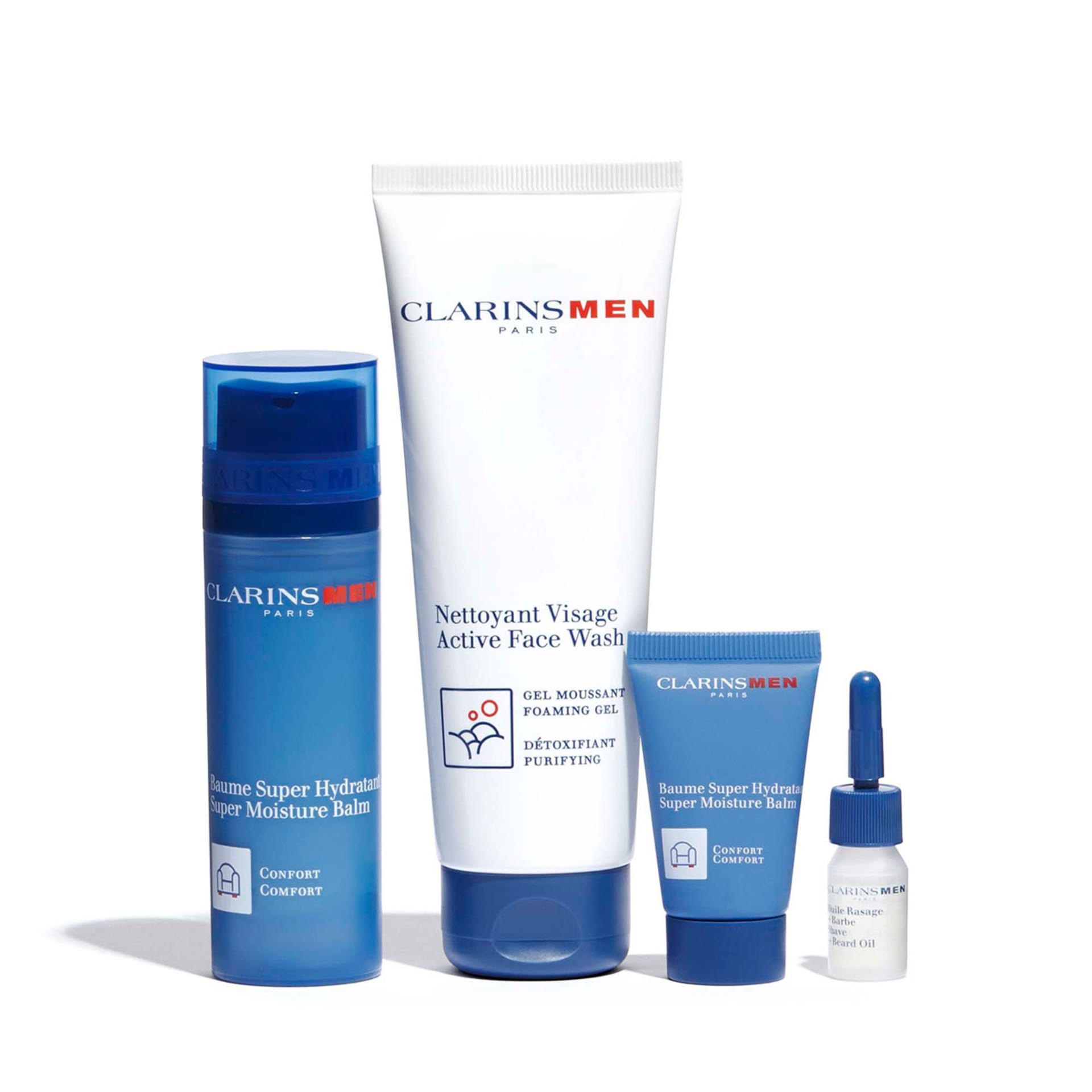 Набор Clarins Men (Интенсивно увлажняющий бальзам,50мл+Очищающий гель для умывания,125мл+Интенсивно увлажняющий бальзам для лица,12мл+Смягчающее мужское масло для бритья и ухода за бородой,3мл+сумка) - фото 3