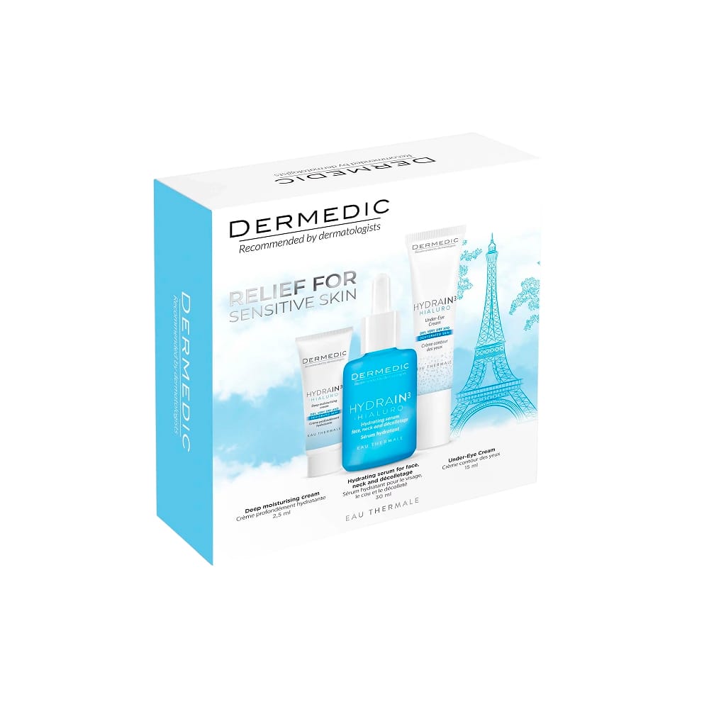 Dermedic Hydrain Набор (Увлажняющая сыворотка для лица,шеи,декольте, 30 мл+Крем под глаза,15 мл+сильно увлажняющий крем SPF15, 2,5 мл) - фото 2