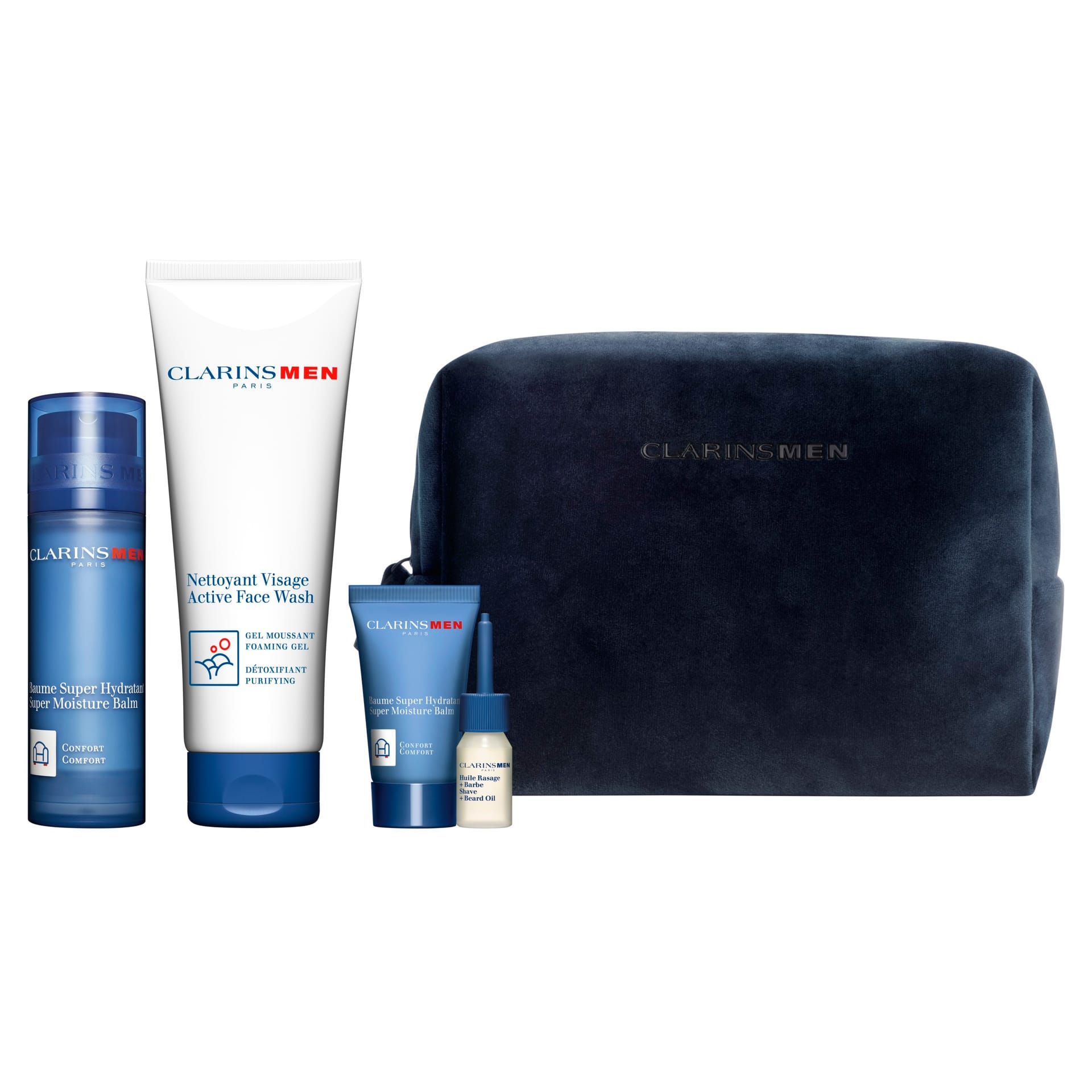 Набор Clarins Men (Интенсивно увлажняющий бальзам,50мл+Очищающий гель для умывания,125мл+Интенсивно увлажняющий бальзам для лица,12мл+Смягчающее мужское масло для бритья и ухода за бородой,3мл+сумка) - фото 2