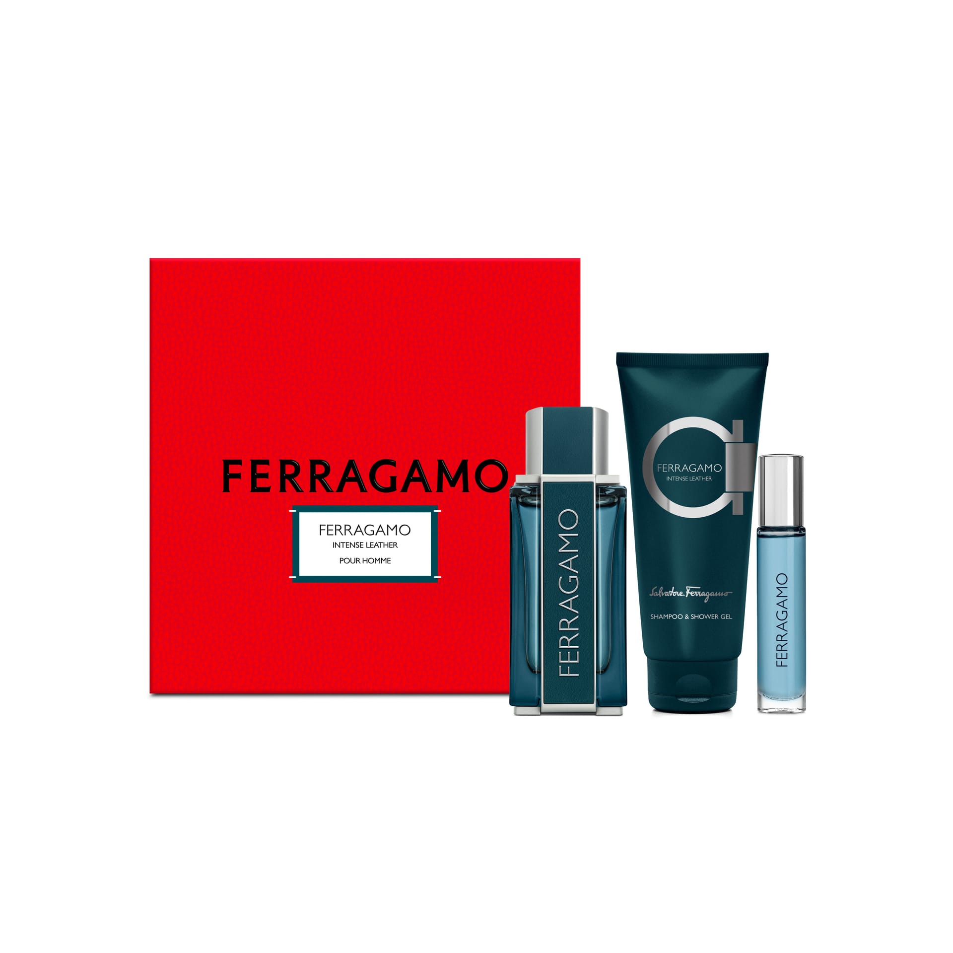 Набор парфюмерно-косметический (Парфюмерная вода мужская Ferragamo Intense Leather, 100 мл + Парфюмерная вода мужская Ferragamo Intense Leather, 10 мл + Шампунь и гель для душа Ferragamo Intense Leather, 100 мл)