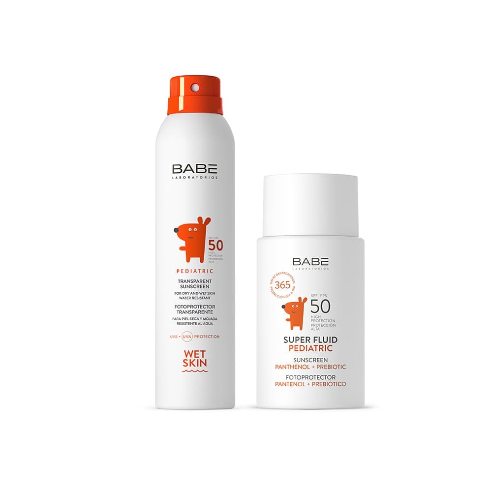 Набор косметический "Laboratorios Babe" : Детский влагостойкий солнцезащитный спрей SPF 50, 200 мл / Детский солнцезащитный суперфлюид SPF50, 50 мл
