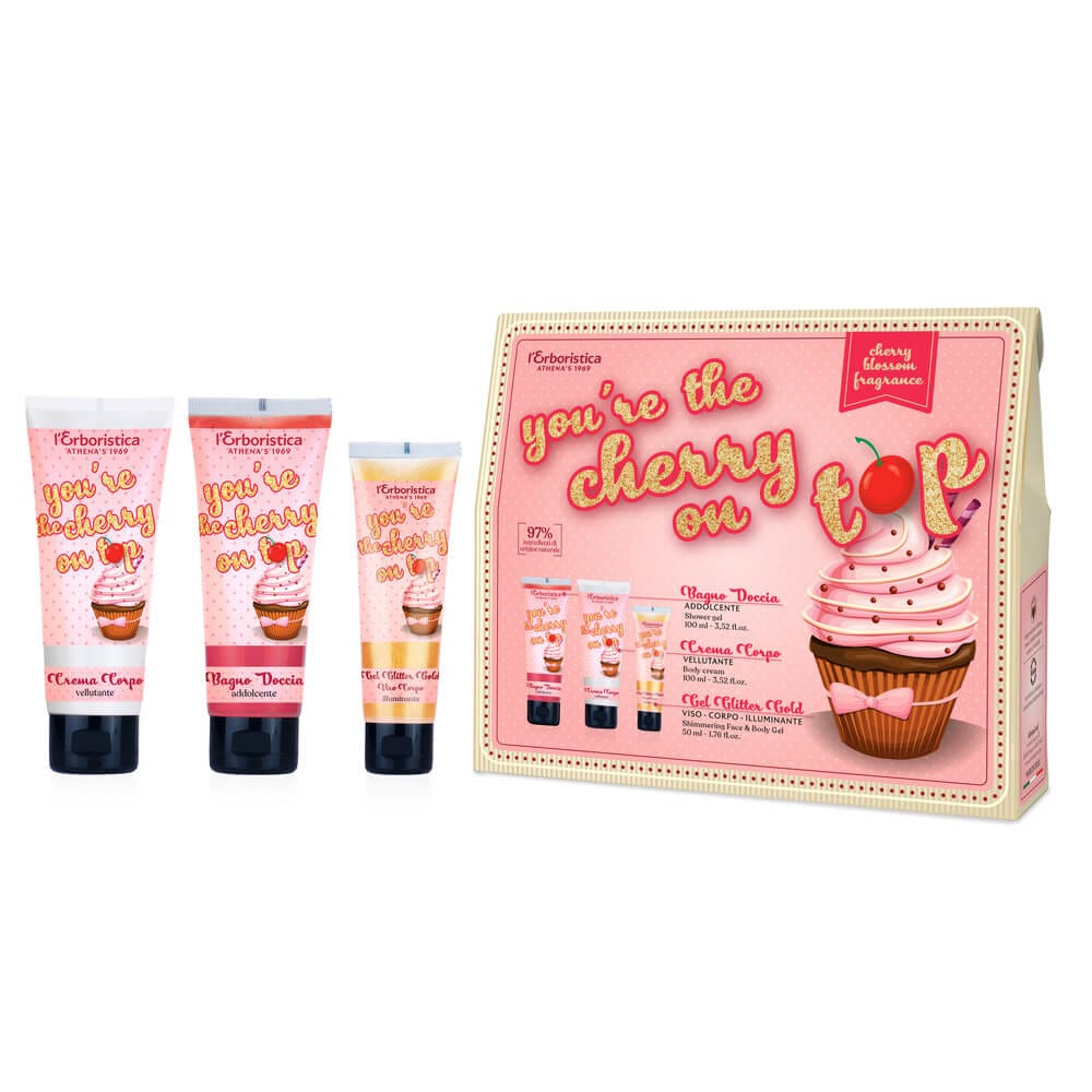 Набор You're The Cherry On Top (Крем для тела бархатистый Crema Corpo, 100 мл+Гель для лица и тела с глиттером Gel Glitter Gold,50 мл+Гель для душа смягчающий Bagno Doccia, 100 мл)
