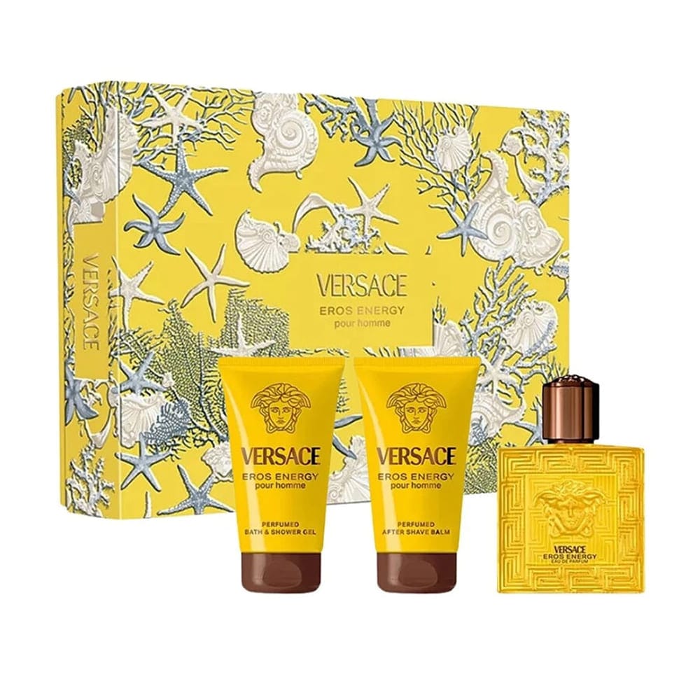 Набор парфюмерно-косметический VERSACE EROS ENERGY POUR HOMME (Парфюмерная вода 50мл+ Бальзам после бритья парфюмированный 50 мл + Гель для ванны и душа парфюмированный 50 мл)