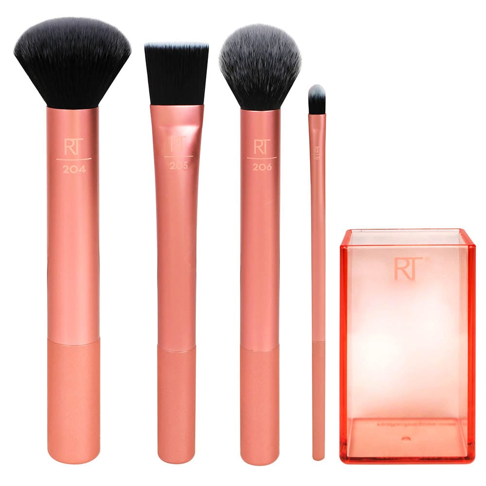 Набор кистей для макияжа лица Flawless Base Set: кисть для контурирования, кисть для корректирующих средств, кисть для пудры, квадратная кисть для основы, подставка для кистей.