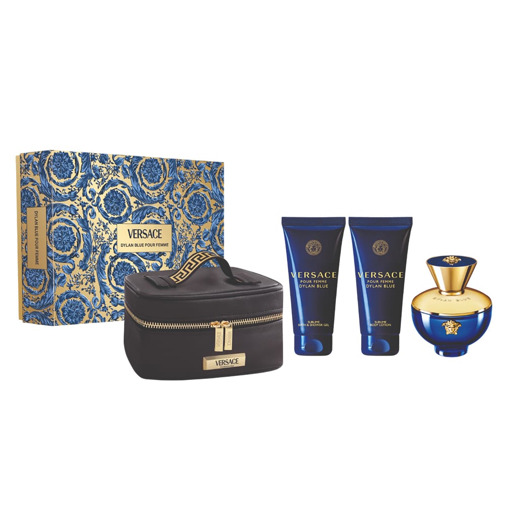 Набор парфюмерно-косметический Pour Femme Dylan Blue  (Парфюмерная вода, 100 мл + Гель для ванны и душа, 100 мл + Лосьон для тела, 100 мл + Сумка для косметической продукции с маркировкой VERSACE Parfums)