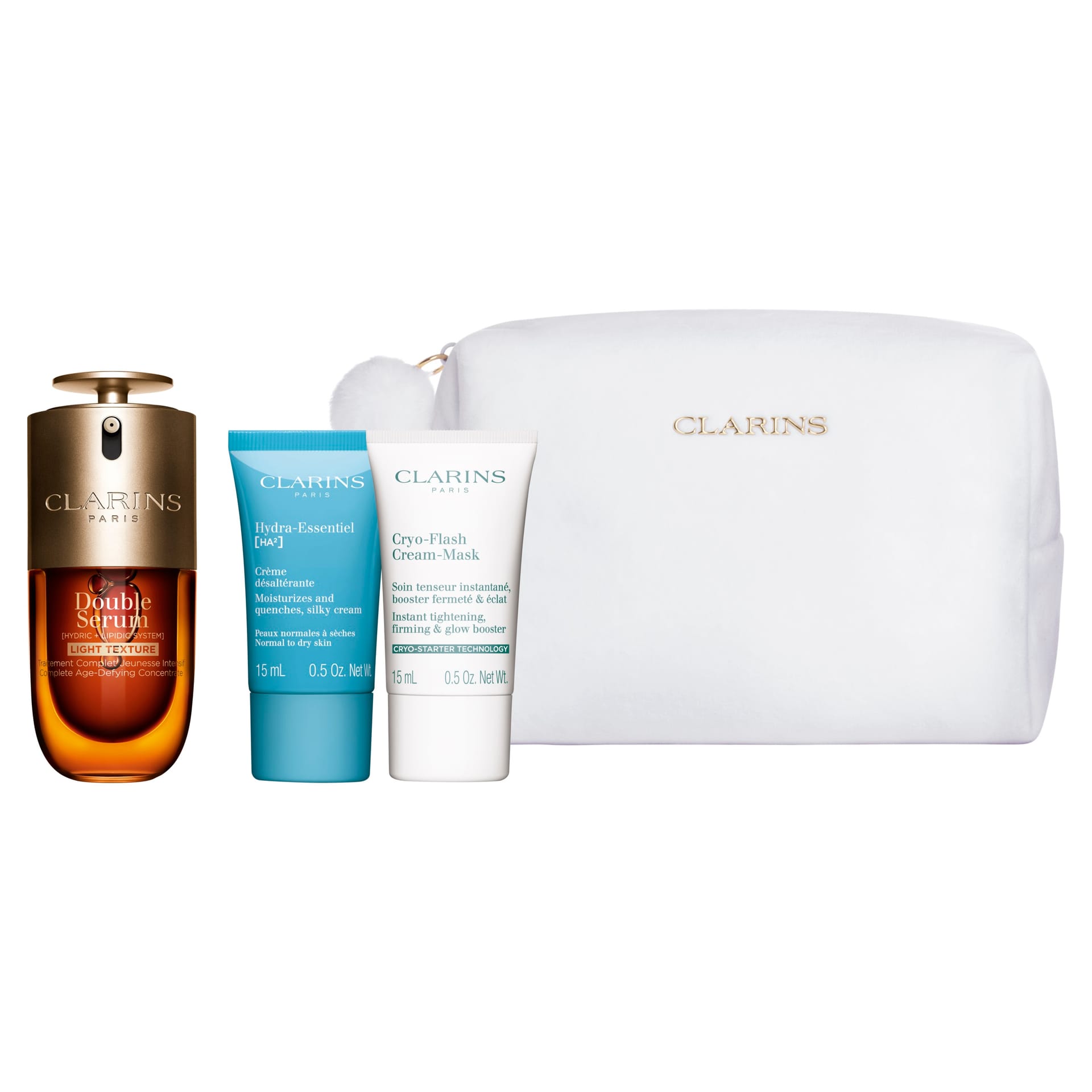 Набор (Двойная сыворотка для лица Double Serum Light Texture,30мл+Увлажняющий дневной крем для нормальной и сухой кожи лица Hydra-Essentiel Creme Desalterante,15мл+Криомаска для лица Cryo-Flash Cream-Mask,15мл+сумка) - фото 2