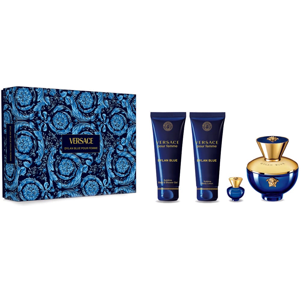 Набор парфюмерно-косметический Versace Pour Femme Dylan Blue  (Парфюмерная  вода 100мл + Гель для ванны и душа 100мл + Лосьон для тела 100мл + Парфюмерная  вода 5мл)