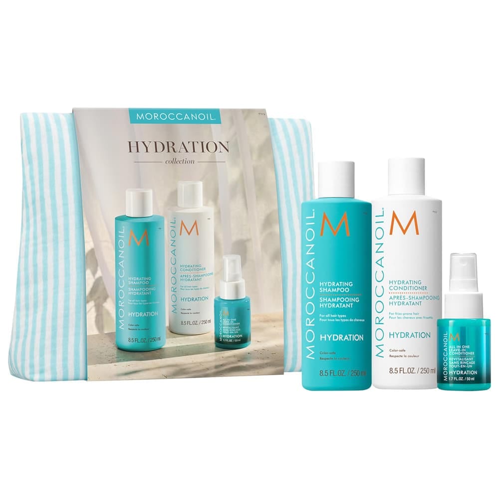 Moroccanoil Весенний набор в полосатой косметичке Hydration (шампунь увлажняющий 250 мл + кондиционер увлажняющий 250 мл + несмываемый кондиционер 50 мл)