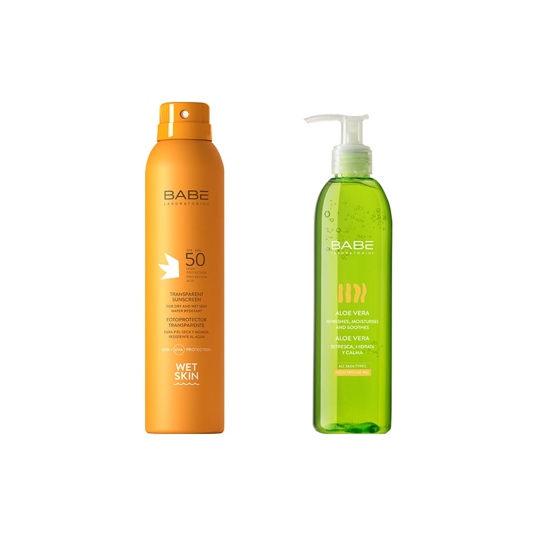 Набор косметики Transparent Sunscreen + Aloe Vera (Прозрачный солнцезащитный спрей для влажной кожи SPF 50, 200 мл + Увлажняющий гель для тела Алоэ 100%, 90 мл)
