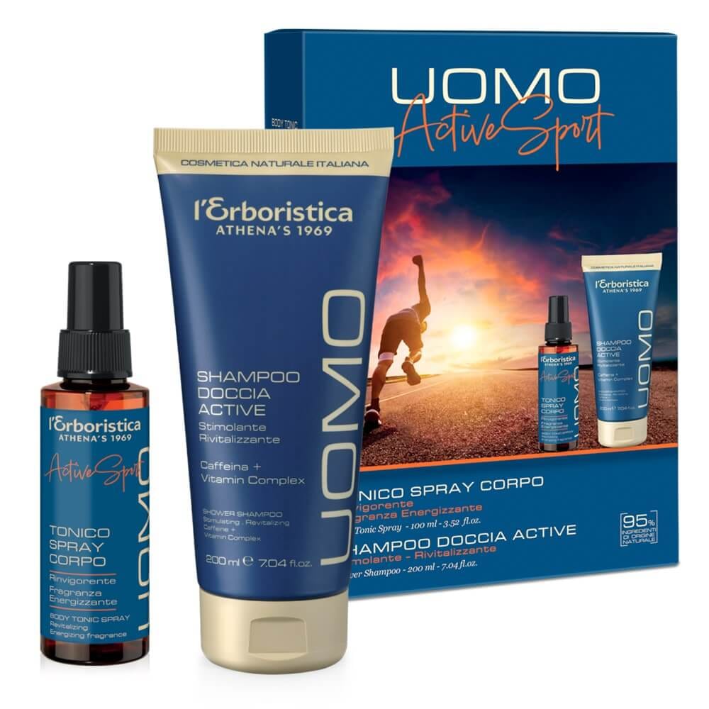Набор тела Uomo Active Sport (Парфюмированный тонизирующий мужской лосьон-спрей для тела Tonico Spray Corpo,100 мл+Шампунь для душа мужской восстанавливающий с кофеином и витаминным комплексом Shower Shampoo, 200 мл)