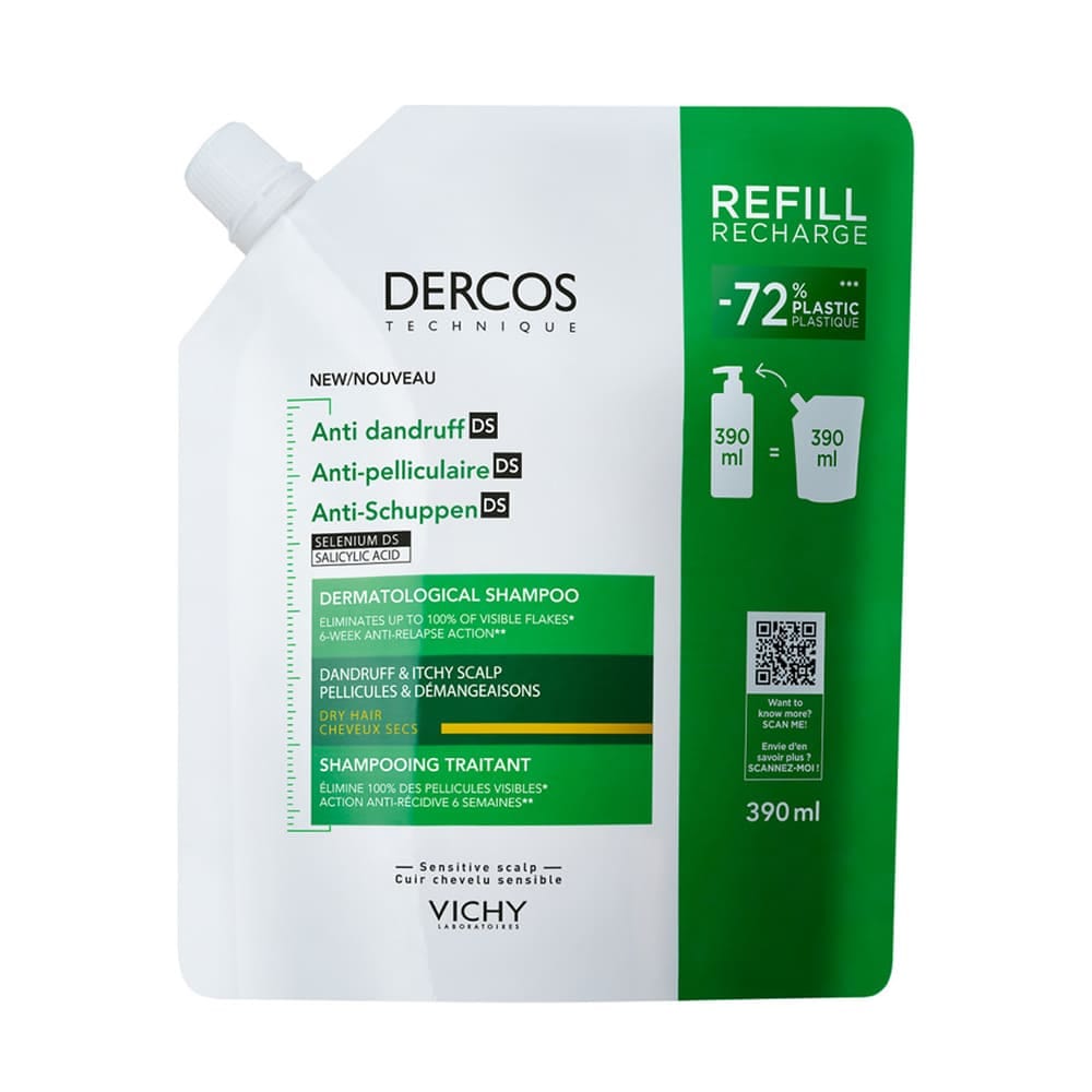 Vichy Dercos Technique Шампунь-уход для сухих волос интенсивный против перхоти DS 390мл,Рефил