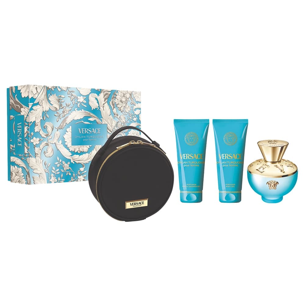Набор парфюмерно-косметический Versace Pour Femme Dylan Turquoise (Туалетная вода женская 100 мл + Гель для ванны и душа парфюмированный женский 100 мл + Гель для тела парфюмированный женский 100 мл + Несессер для парфюмерно-косметической продукции 