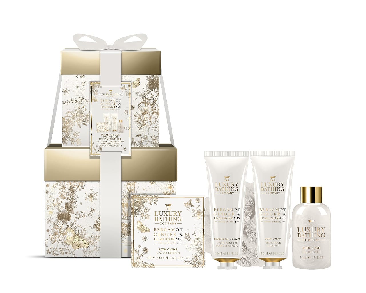 Косметический набор Bergamot Ginger & Lemongrass (Гель для душа Body Wash, 50 мл + Крем для тела Body Cream, 50 мл + Крем для рук и ногтей Hand & Nail Cream, 50 мл + Средство для принятия ванны Bath Caviar, 80 г + Мочалка Body Polisher)