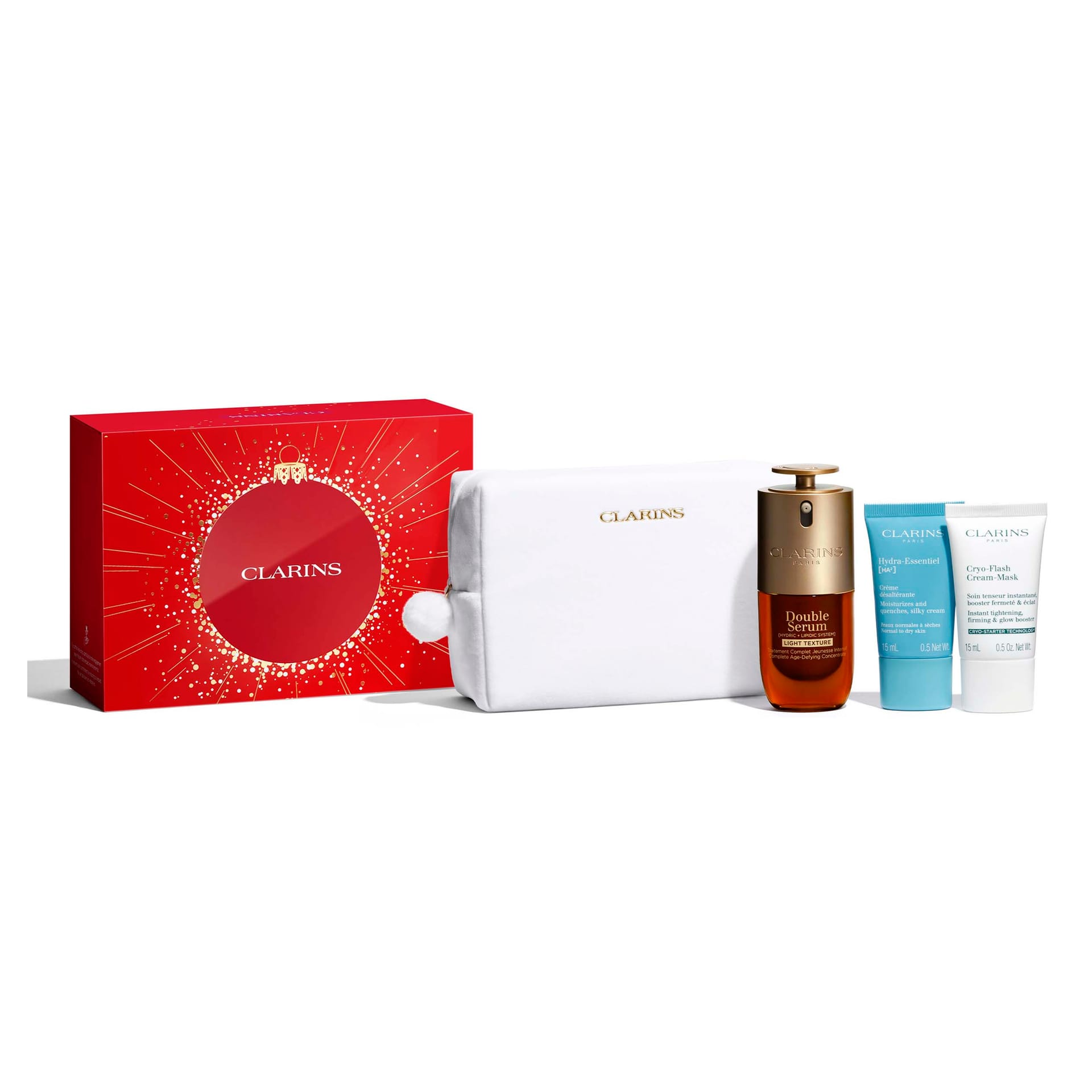 Набор (Двойная сыворотка для лица Double Serum Light Texture,30мл+Увлажняющий дневной крем для нормальной и сухой кожи лица Hydra-Essentiel Creme Desalterante,15мл+Криомаска для лица Cryo-Flash Cream-Mask,15мл+сумка)