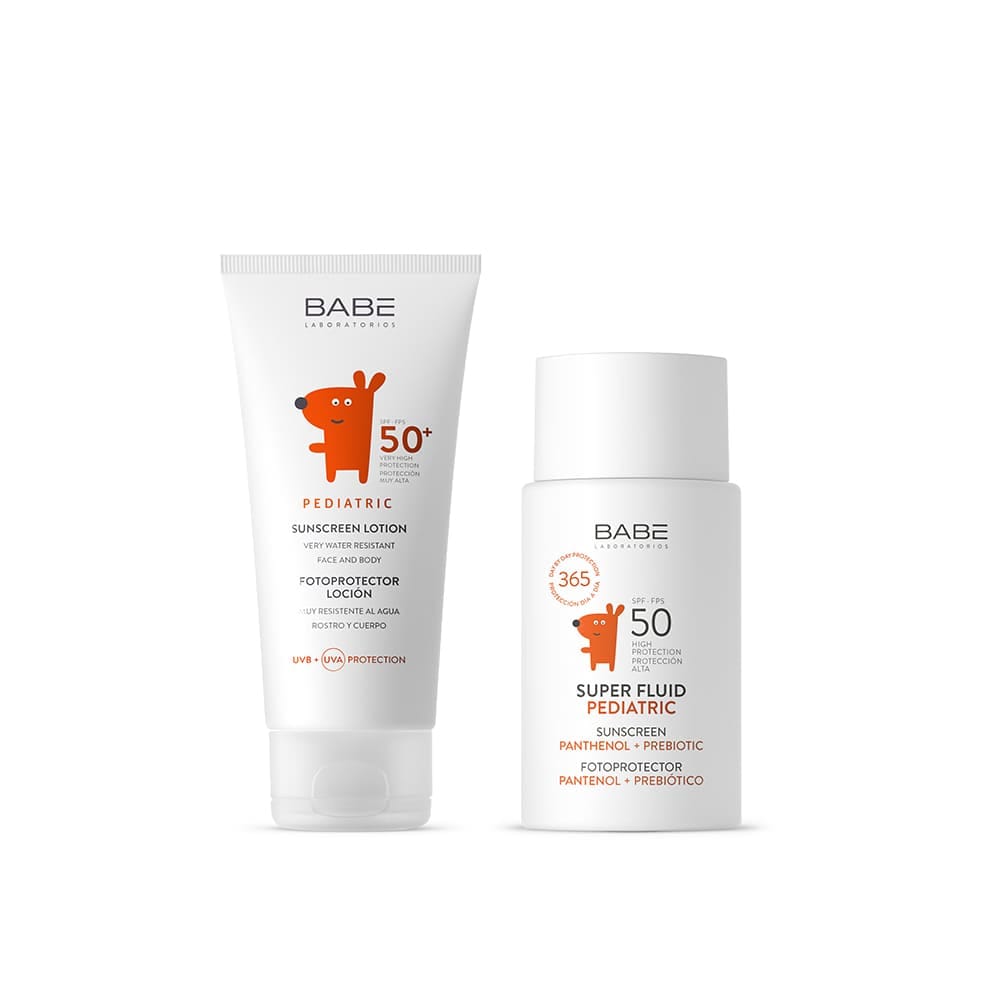 Набор косметический "Laboratorios Babe" : Лосьон детский солнцезащитный SPF 50+, 100 мл / Детский солнцезащитный суперфлюид SPF50, 50 мл