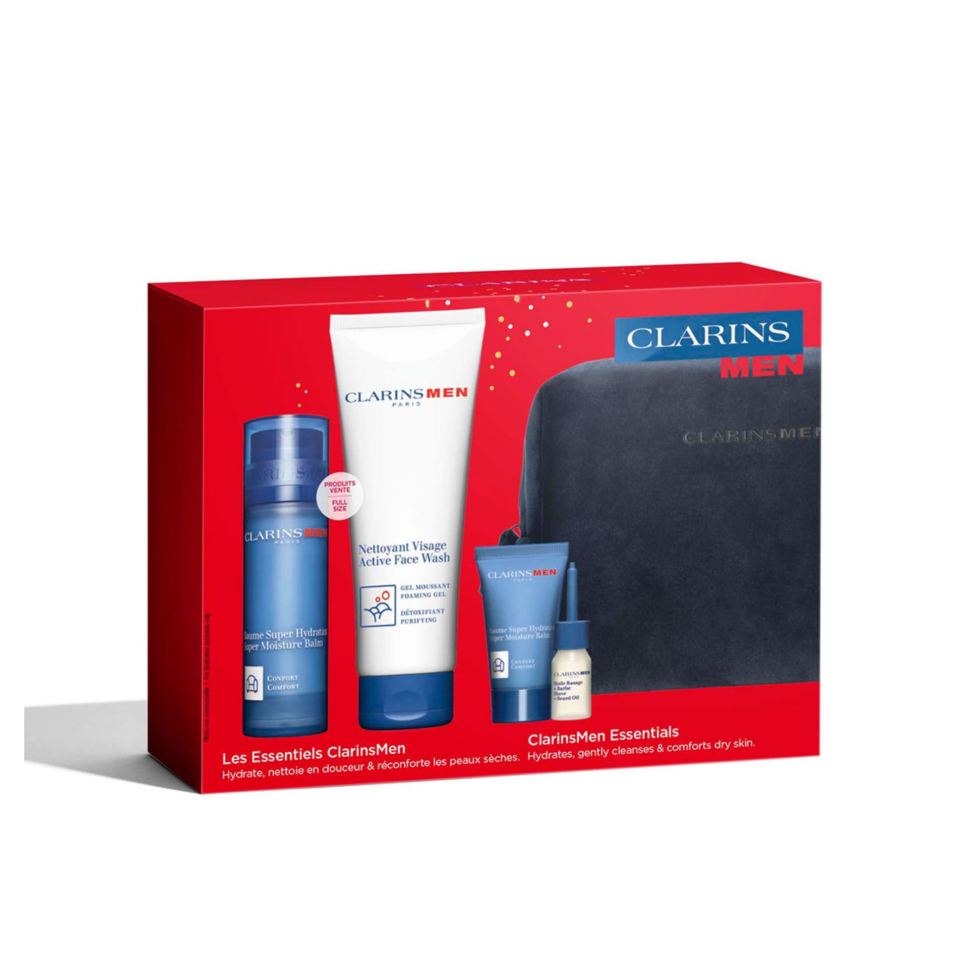 Набор Clarins Men (Интенсивно увлажняющий бальзам,50мл+Очищающий гель для умывания,125мл+Интенсивно увлажняющий бальзам для лица,12мл+Смягчающее мужское масло для бритья и ухода за бородой,3мл+сумка) - фото 4