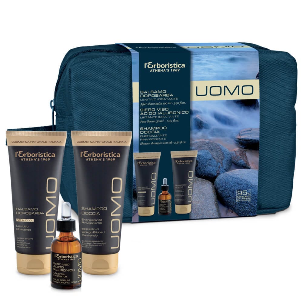 Набор Uomo (Успокаивающий увлажняющий мужской бальзам после бритья After Shave Balm, 100 мл+Сыворотка для лица мужская Siero Viso, 30 мл+Бодрящий мужской шампунь для душа Shower Shampoo, 200 мл)