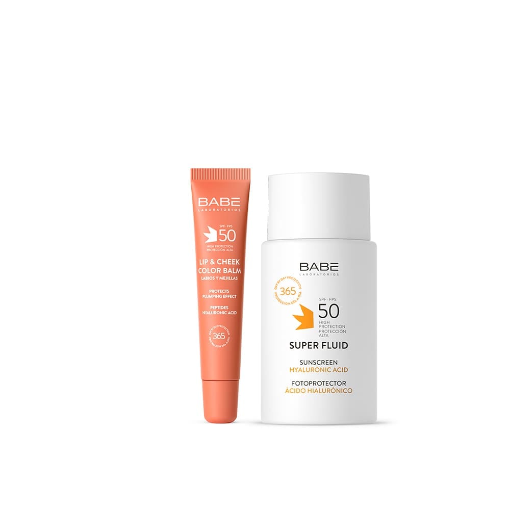 Набор косметический "Laboratorios Babe" : Супер флюид SPF50, 50 мл / Солнцезащитный бальзам-тинт для губ и щек SPF 50 с гиалуроновой кислотой и пептидами, тон NUDE, 20 мл