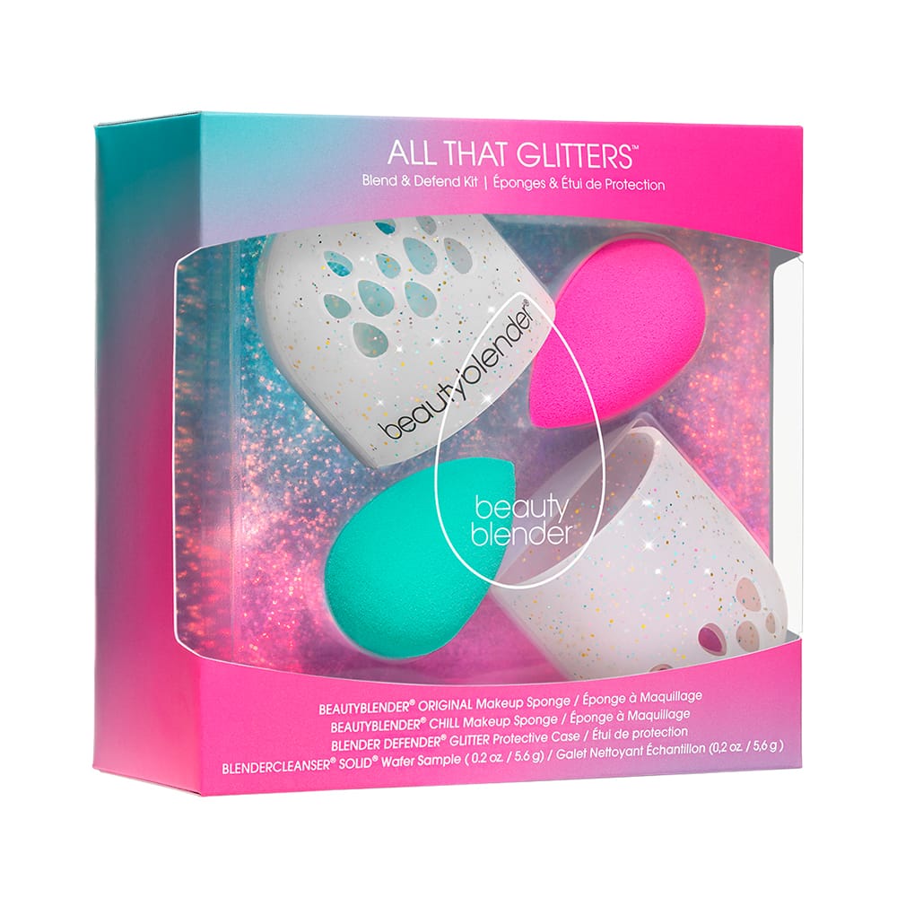 Подарочный набор All That Glitters (Beautyblender Original розовый спонж для макияжа + Beautyblender Chill спонж для макияжа мятного оттенка + Blender Defender Glitter футляр для хранения спонжей, в молочном цвете с блестками +  Blendercleanser Solid - фото 2