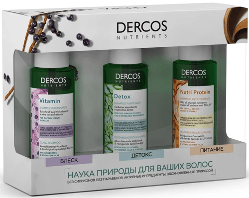 Набор Dercos Nutrients для ухода за волосами (Глубоко очищающий шампунь, 100 мл + Шампунь для блеска волос, 100 мл + Восстанавливающий шампунь)