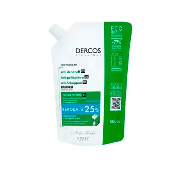 VICHY DERCOS DS Интенсивный шампунь-уход против перхоти для нормальных и жирных волос,  500 мл