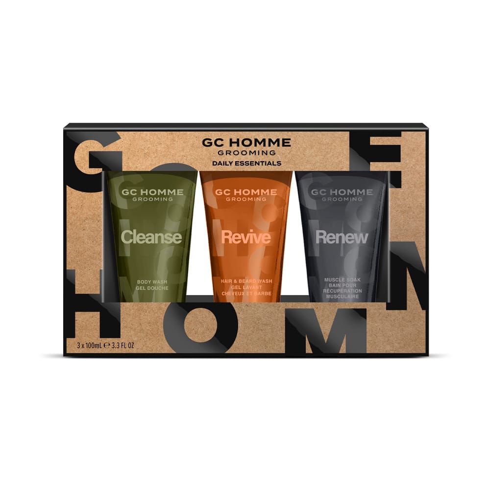Косметический набор GC Homme Grooming/Daily Essentials (Гель для душа GC Homme Grooming/Cleanse/Body Wash, 100 мл + Шампунь для волос и бороды GC Homme Grooming/Revive/Hair & Beard Wash, 100 мл + Пена для ванны GC Homme Grooming/Renew/Muscle Soak, 1