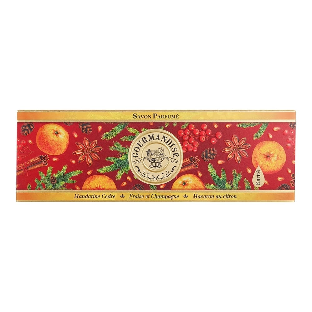 Набор натурального парфюмированного мыла (Мандарин кедр/Mandarine Cedre+Fraise et Champagne/Клубника в шампанском+Macaron au Citron/Лимонный макарон)