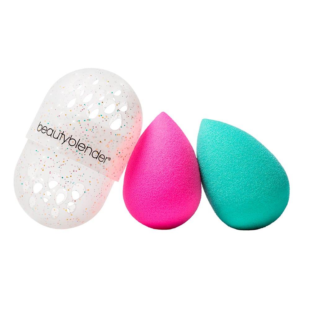 Подарочный набор All That Glitters (Beautyblender Original розовый спонж для макияжа + Beautyblender Chill спонж для макияжа мятного оттенка + Blender Defender Glitter футляр для хранения спонжей, в молочном цвете с блестками +  Blendercleanser Solid