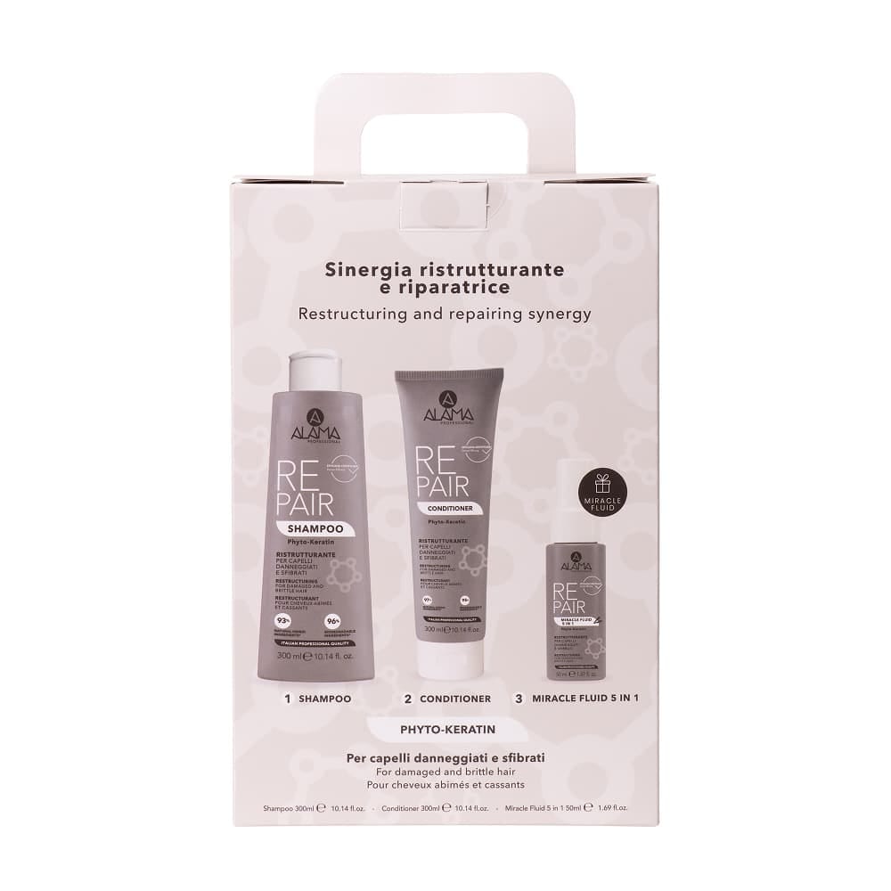 Alama-Набор косметический (Шампунь восстанавливающий Alama REPAIR SHAMPOO, 300 мл + Кондиционер для волос восстанавливающий Alama REPAIR CONDITIONER, 300 мл + Флюид для укладки волос восстанавливающий термозащитный Alama REPAIR MIRACLE FLUID 5 IN 1,