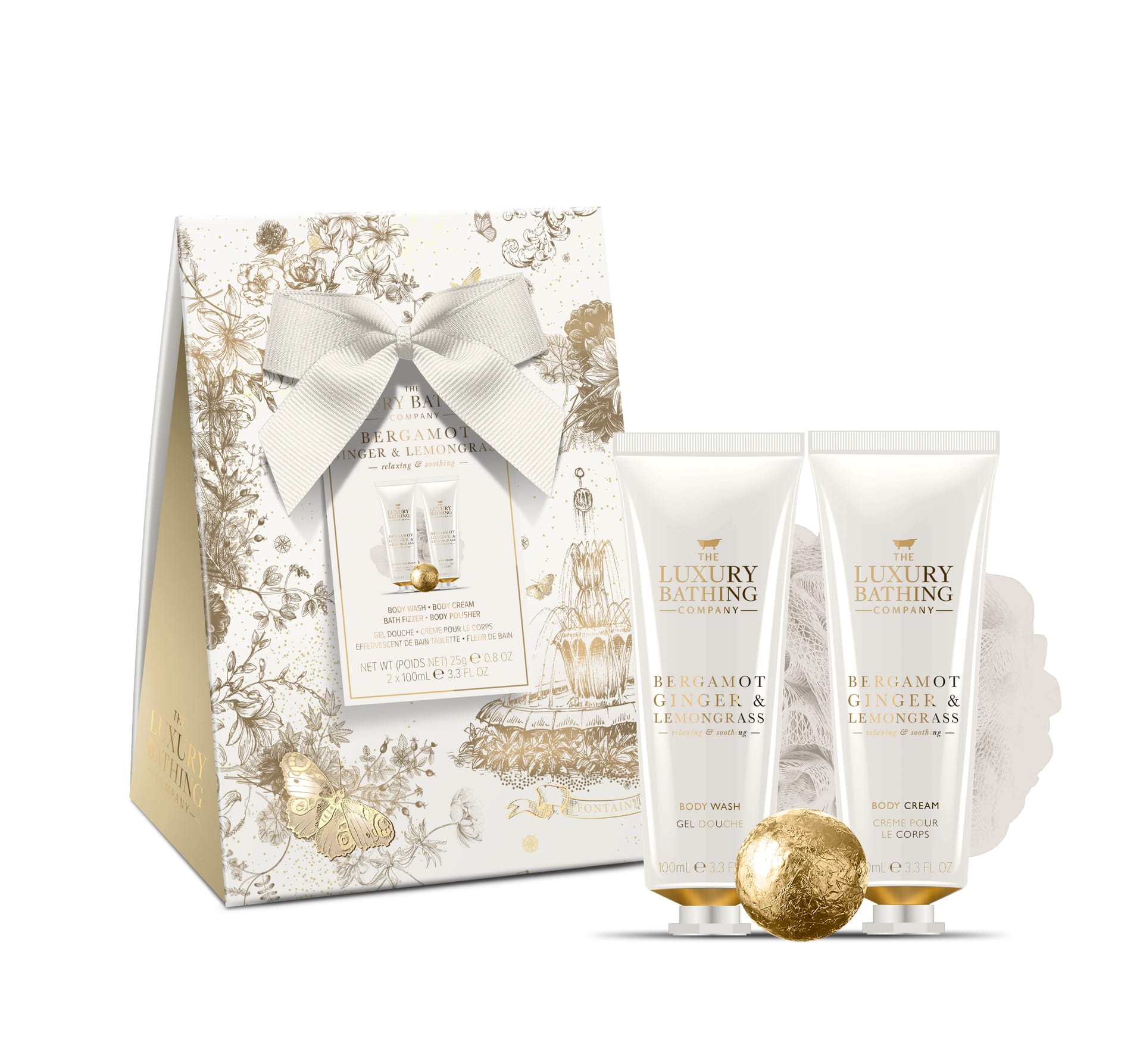 Косметический набор Bergamot Ginger & Lemongrass (Гель для душа Body Wash, 100 мл + Крем для тела Body Cream, 100 мл + Соль для ванны Bath Fizzer, 25 г + Мочалка Body Polisher)