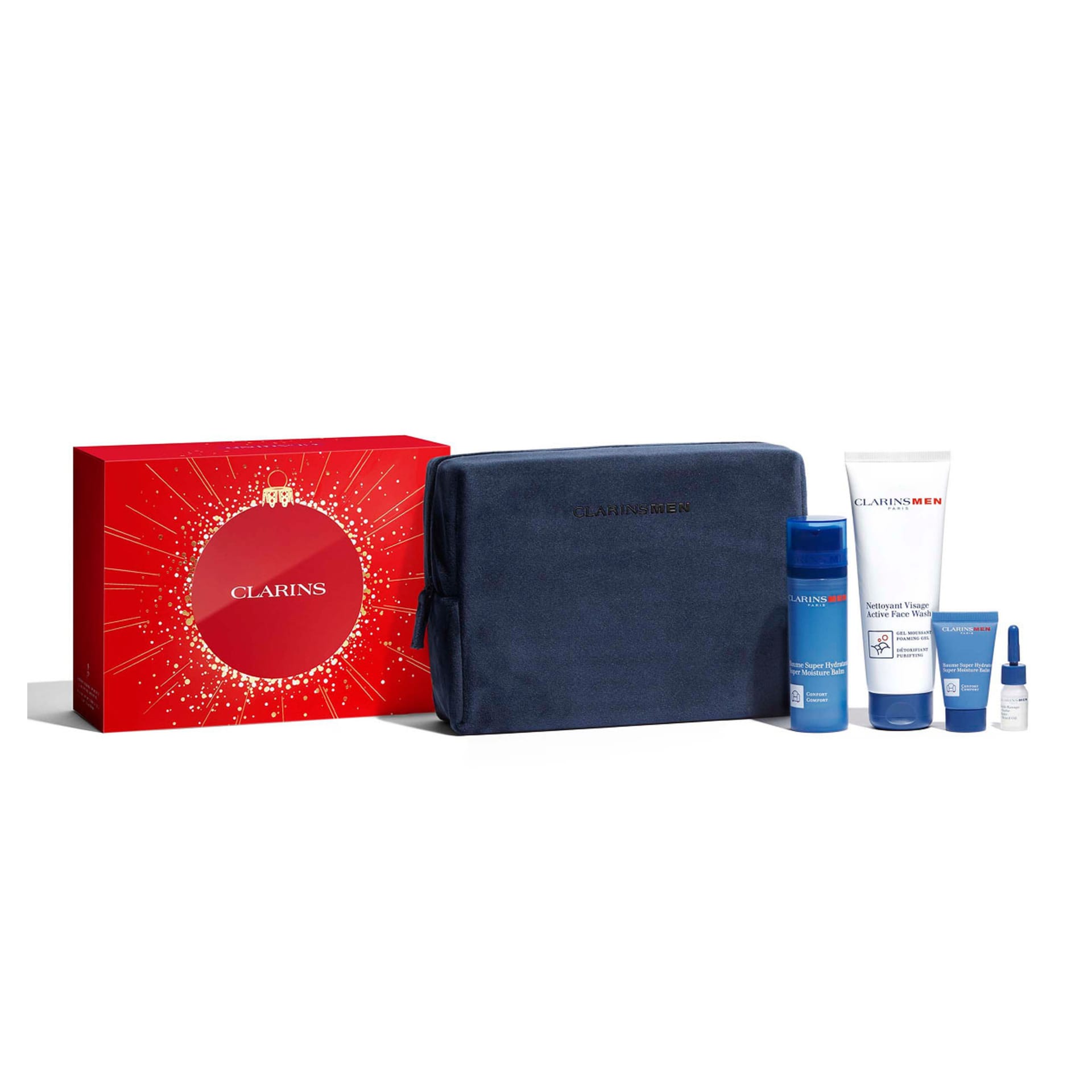 Набор Clarins Men (Интенсивно увлажняющий бальзам,50мл+Очищающий гель для умывания,125мл+Интенсивно увлажняющий бальзам для лица,12мл+Смягчающее мужское масло для бритья и ухода за бородой,3мл+сумка)
