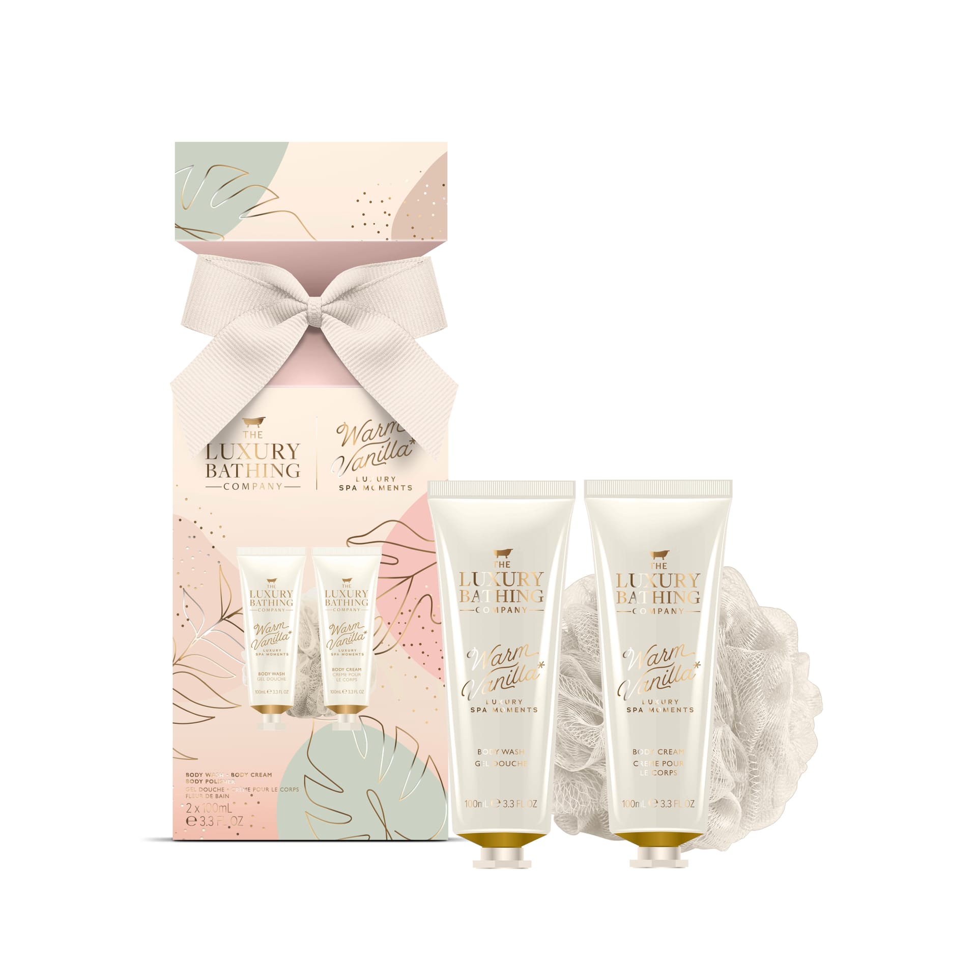 Косметический набор Warm Vanilla Luxury Spa Moments (Гель для душа Body Wash, 100 мл + Крем для тела Body Cream, 100 мл + Мочалка Body Polisher)