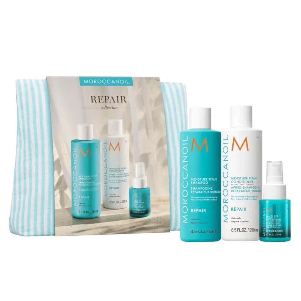 Moroccanoil Весенний набор в полосатой косметичке Repair (шампунь восстанавливающий 250 мл + кондиционер восстанавливающий 250 мл + несмываемый кондиционер 50 мл)