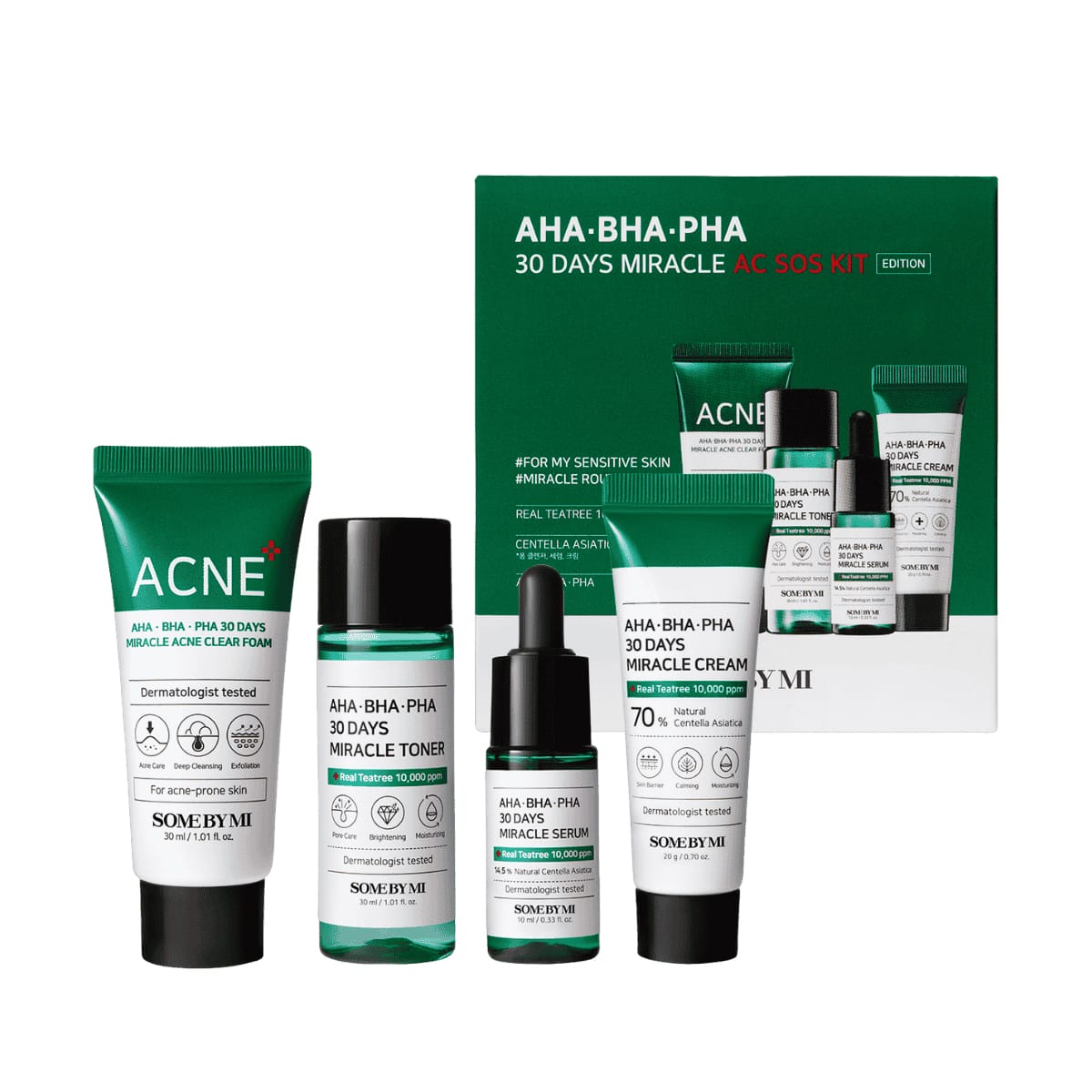 Набор:Очищающая пенка для лица AHA.BHA.PHA 30 Days Miracle Acne Clear Foam, 30 мл, Тонер для лица AHA.BHA.PHA 30 Days Miracle Toner, 30 мл, Сыворотка для лица AHA.BHA.PHA 30 Days Miracle Serum, 10 мл, Успокаивающий, увлажняющий крем для лица AHA.BHA